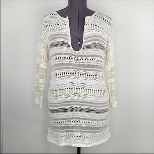 Moda International Cream and White Crochet V Neck Sweater Tunic Size XS